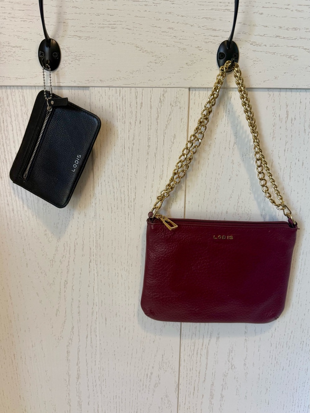Lodis Wine-Red Leather Shoulder Bag with Gold Chain & Black Leather Cardholder